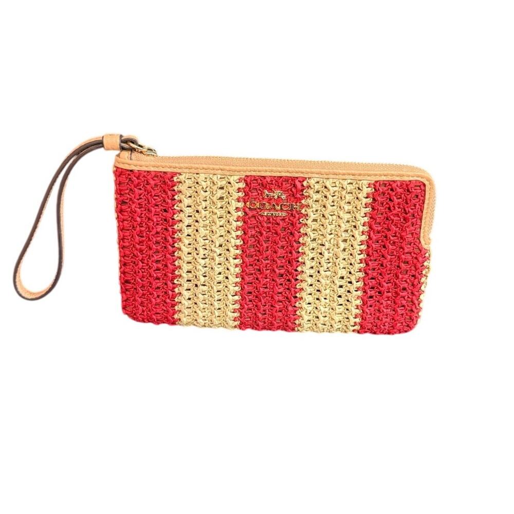 Coach Raffia Beige & Red Stripe Wristlet New with Tags - Picture 2 of 5